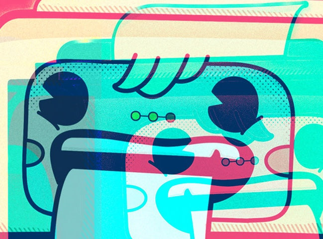 Abstract design with colorful geometric shapes and outlines of people.